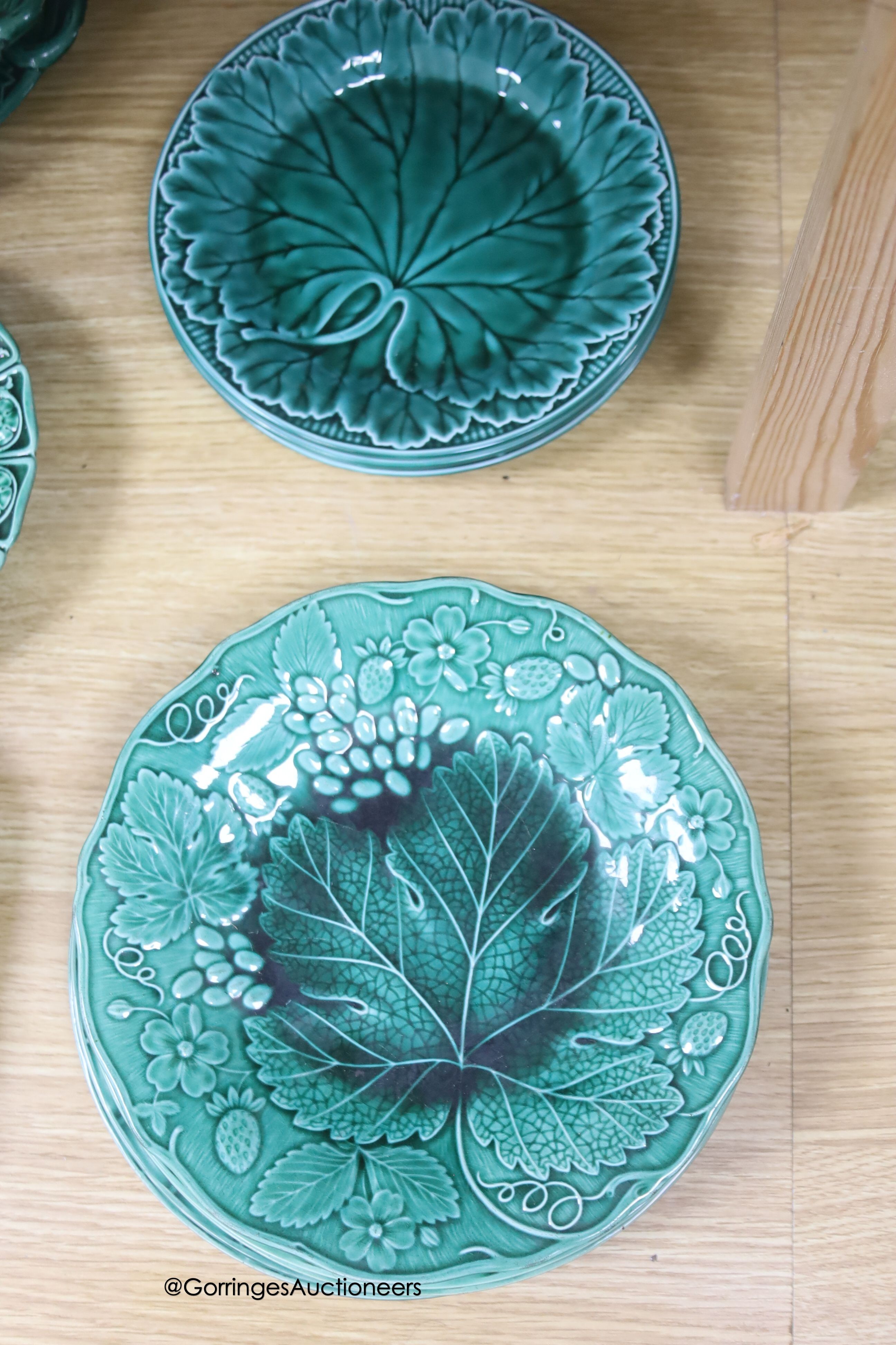 A quantity of 19th/20th century green glazed cabbage wares including Wedgwood